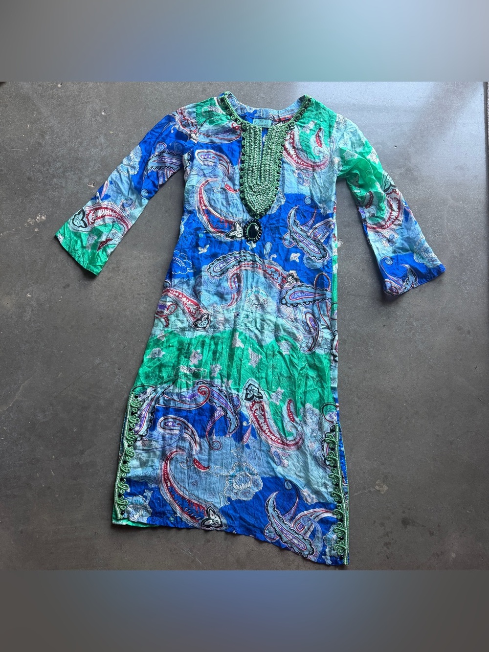 Silk paisley blue green dress coverup resort wear S bead rope accents
